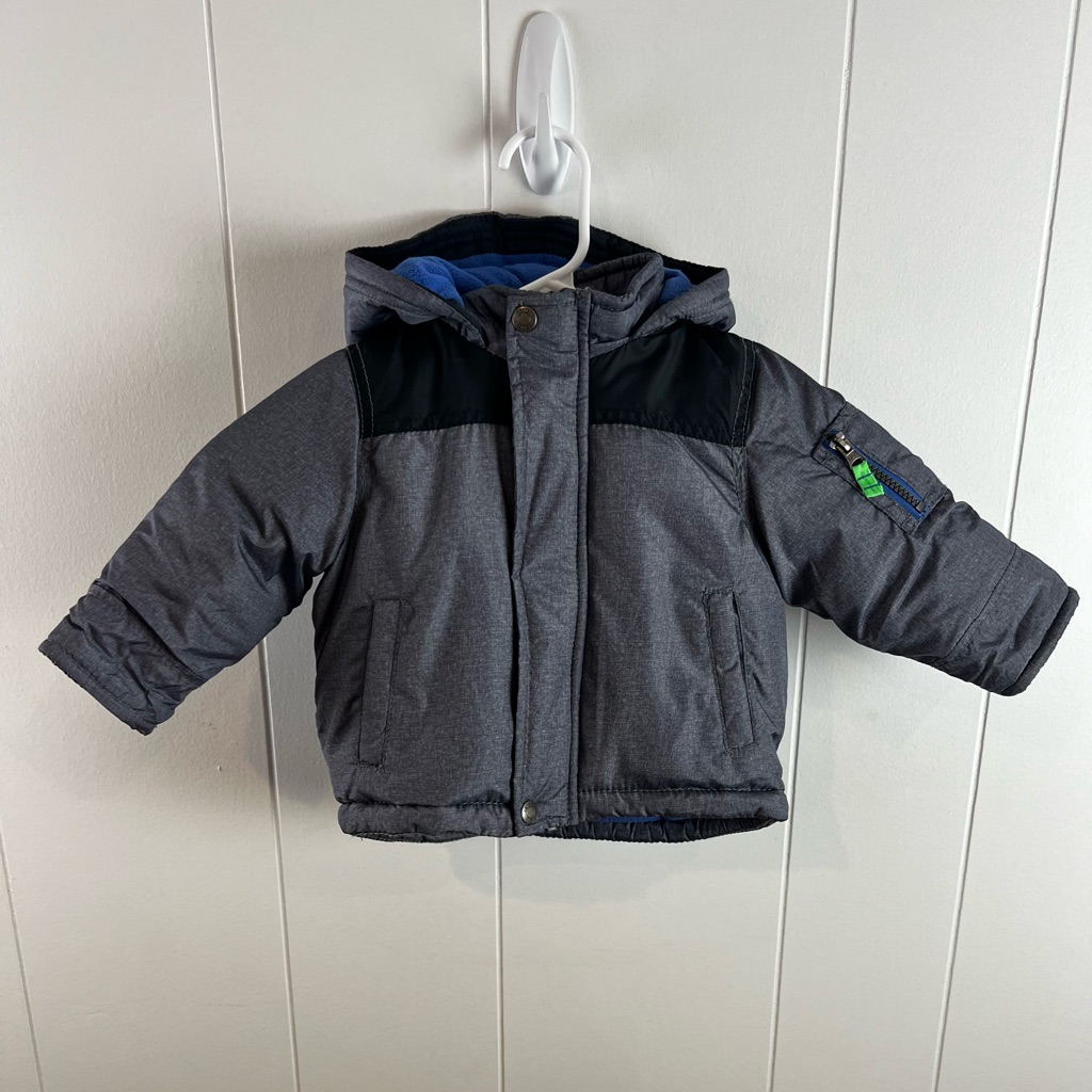 Carters Baby Boys Jacket Coat Sz 12 M Gray/Blue Hooded Fleece Lined